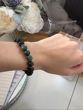 Men's Green Stone & Black Lava Bead Bracelet